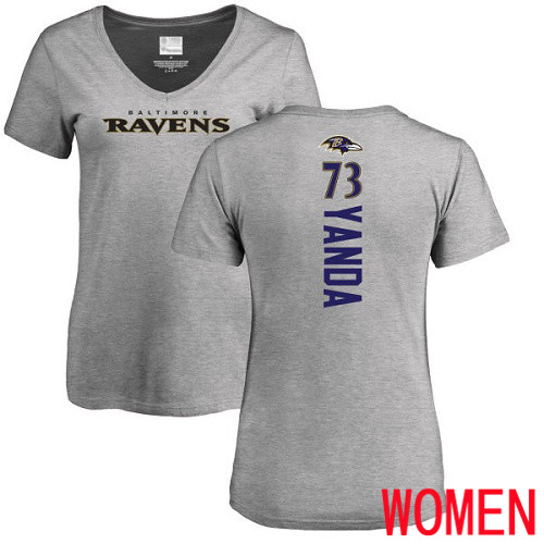 Baltimore Ravens Ash Women Marshal Yanda Backer V-Neck NFL Football #73 T Shirt